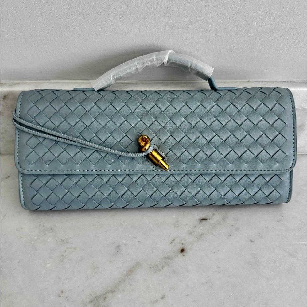Woven Leather Clutch Bag in Light Blue with detachable cross body strap